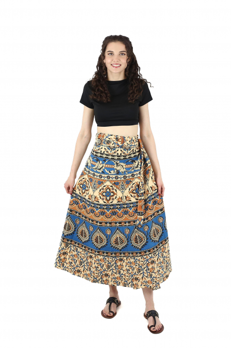 Fusta din bumbac cu croi wrap si motive florale orientale - Crem [2]