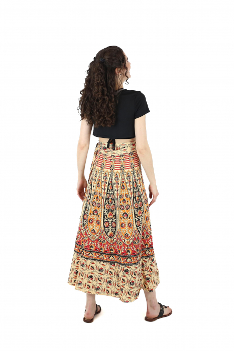 Fusta din bumbac cu croi wrap si motive florale orientale - Multicolor [4]