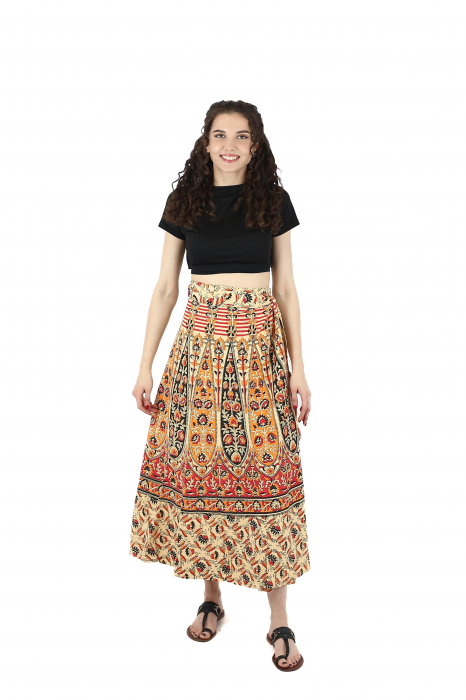 Fusta din bumbac cu croi wrap si motive florale orientale - Multicolor [2]