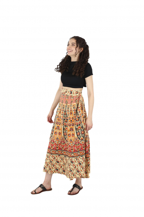 Fusta din bumbac cu croi wrap si motive florale orientale - Multicolor [3]