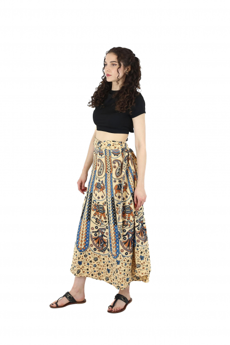 Fusta din bumbac cu croi wrap si motive hinduse - Crem [3]