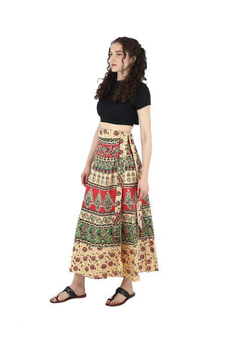 Fusta din bumbac cu croi wrap si motive orientale - Crem [3]