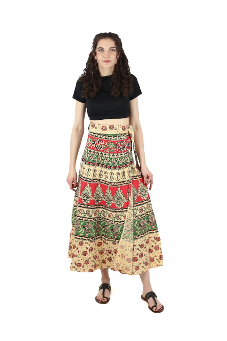 Fusta din bumbac cu croi wrap si motive orientale - Crem [2]