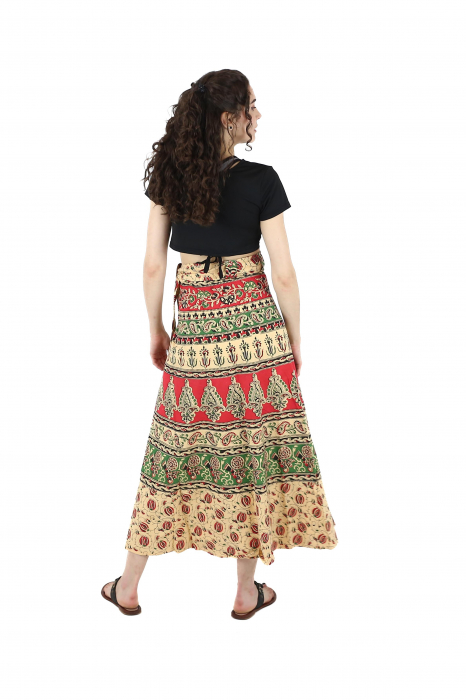 Fusta din bumbac cu croi wrap si motive orientale - Crem [4]