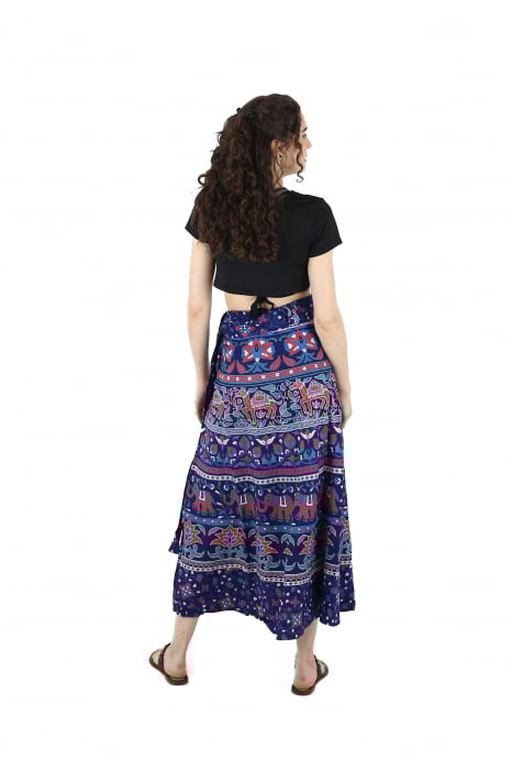 Fusta din bumbac cu croi wrap si motive orientale - Albastru [4]