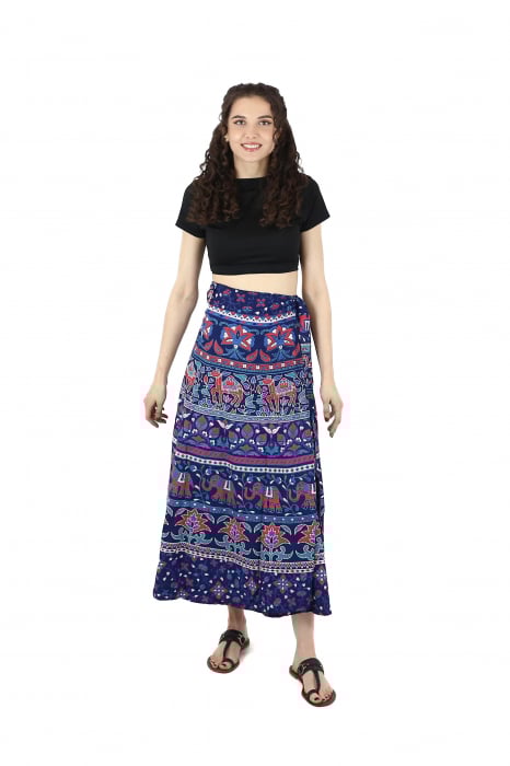 Fusta din bumbac cu croi wrap si motive orientale - Albastru [2]