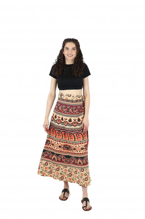 Fusta din bumbac cu croi wrap si motive florale orientale - Visiniu [2]