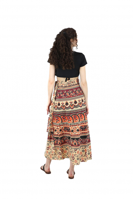 Fusta din bumbac cu croi wrap si motive florale orientale - Visiniu [4]