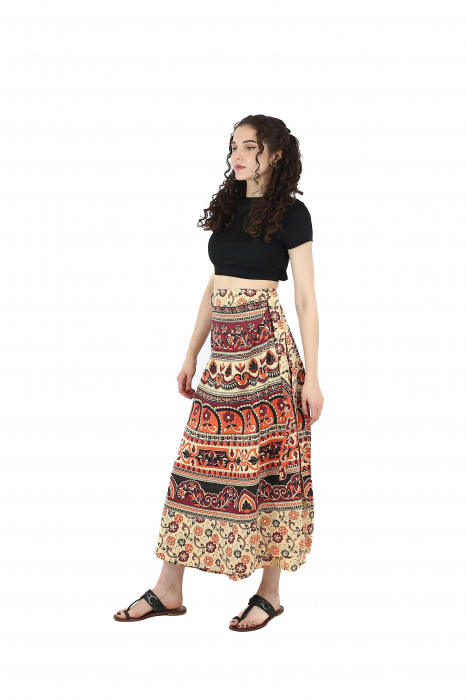 Fusta din bumbac cu croi wrap si motive florale orientale - Visiniu [3]