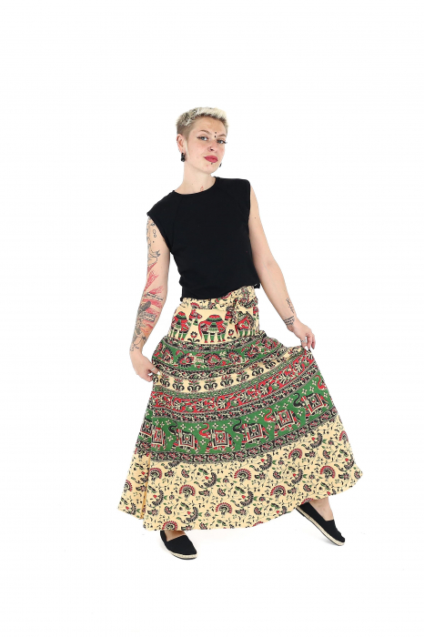 Fustă din bumbac cu croi wrap și motive orientale - Verde [3]