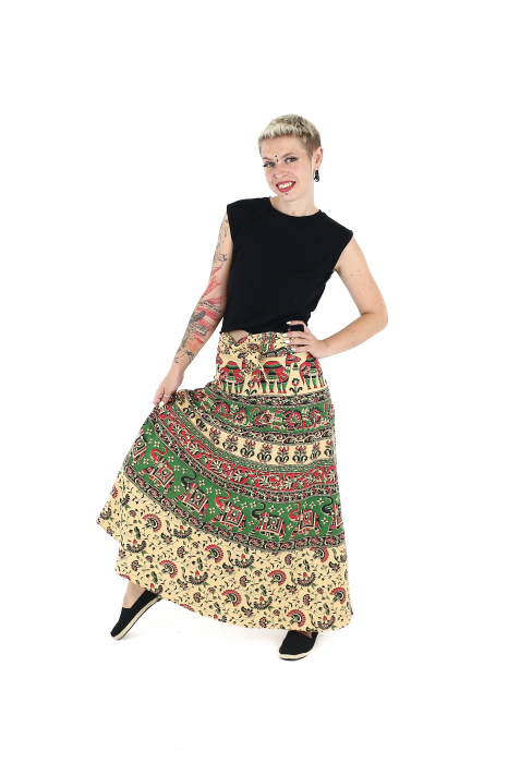 Fustă din bumbac cu croi wrap și motive orientale - Verde [5]