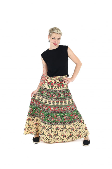 Fustă din bumbac cu croi wrap și motive orientale - Verde [2]