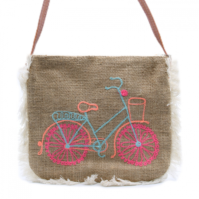 Geantă de umăr cu franjuri și broderie - Bicicletă [1]