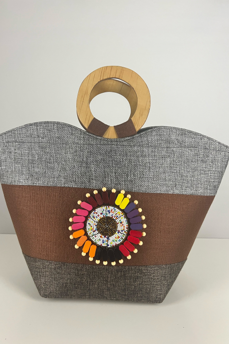 Geantă Tote - Piesă Unicat - din Sisal cu Mânere din Lemn – Artizanat African Elegant | Maro-Gri [5]