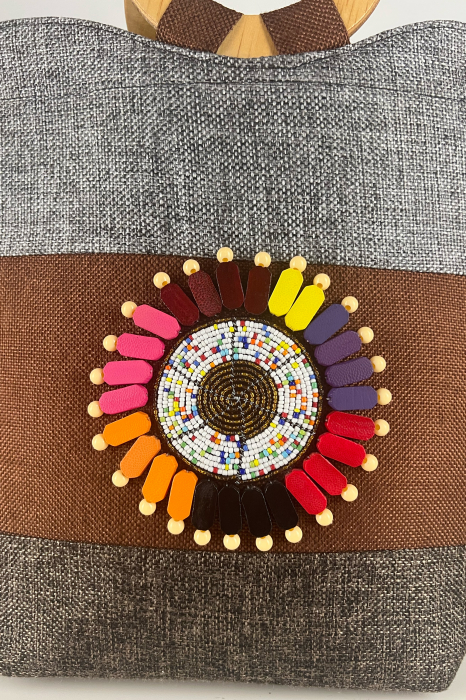 Geantă Tote - Piesă Unicat - din Sisal cu Mânere din Lemn – Artizanat African Elegant | Maro-Gri [4]