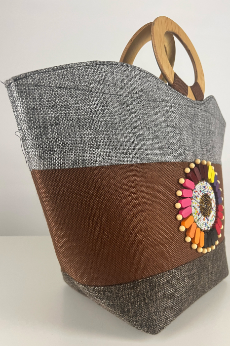 Geantă Tote - Piesă Unicat - din Sisal cu Mânere din Lemn – Artizanat African Elegant | Maro-Gri [2]