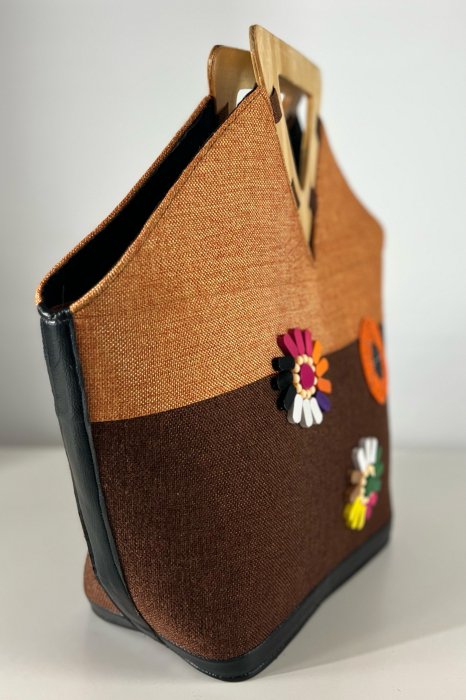 Geantă Tote -Piesă Unicat- din Sisal cu Mânere din Lemn – Eleganță Africană Autentică | Orange-Maro [2]