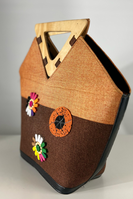 Geantă Tote -Piesă Unicat- din Sisal cu Mânere din Lemn – Eleganță Africană Autentică | Orange-Maro [6]