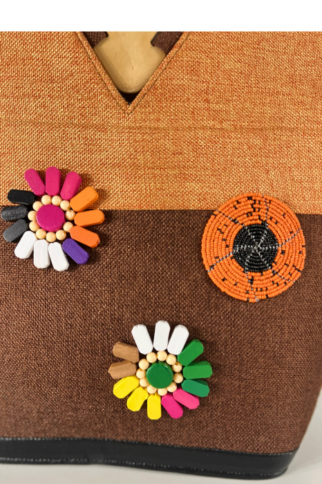 Geantă Tote -Piesă Unicat- din Sisal cu Mânere din Lemn – Eleganță Africană Autentică | Orange-Maro [8]