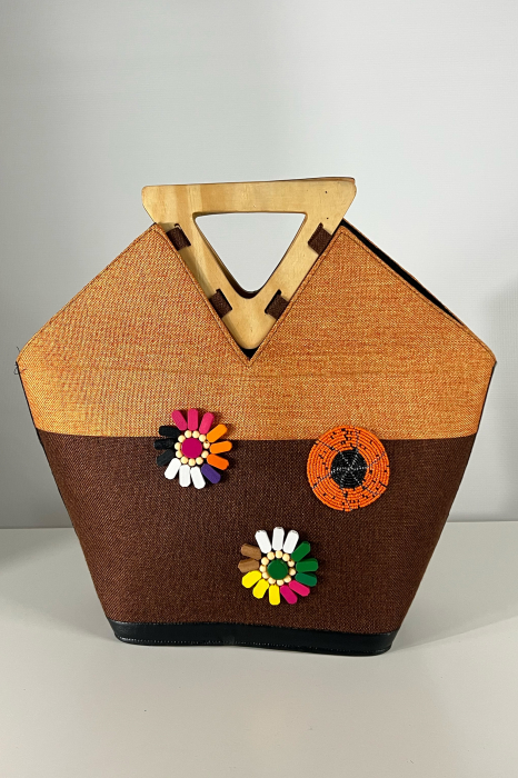 Geantă Tote -Piesă Unicat- din Sisal cu Mânere din Lemn – Eleganță Africană Autentică | Orange-Maro [5]