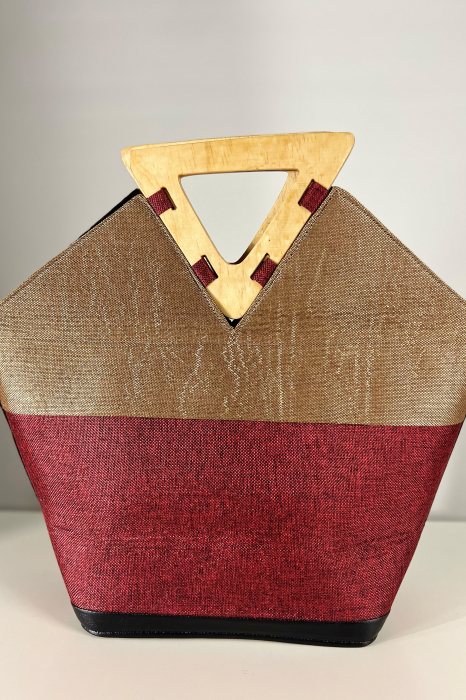 Geantă Tote -Piesă Unicat- din Sisal cu Mânere Triunghiulare din Lemn – Eleganță Africana autentica - Gri-Vișiniu [4]