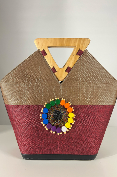 Geantă Tote -Piesă Unicat- din Sisal cu Mânere Triunghiulare din Lemn – Eleganță Africana autentica - Gri-Vișiniu [5]