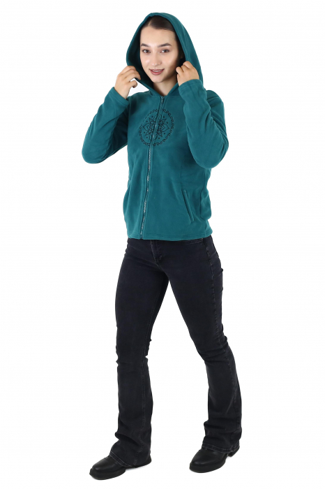 Hanorac din polar cu fermoar si print Lotus - Teal [4]