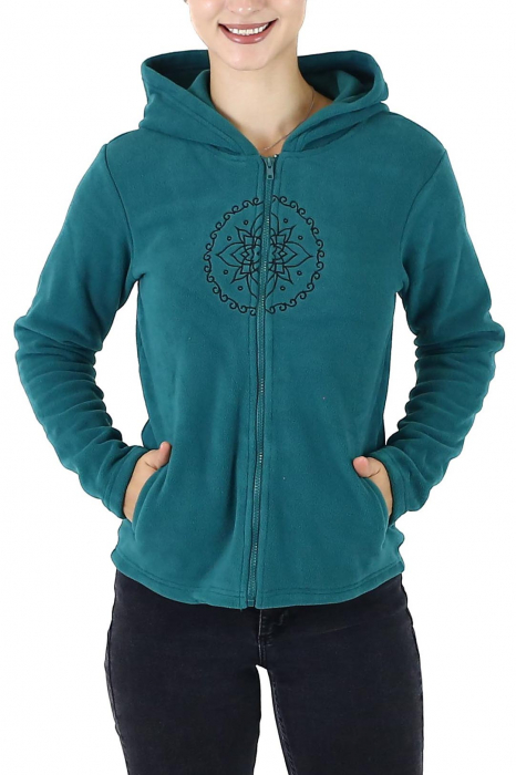 Hanorac din polar cu fermoar si print Lotus - Teal [6]