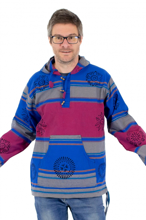 Hanorac unisex cu print si nasturi de lemn - Albastru Inchis [3]