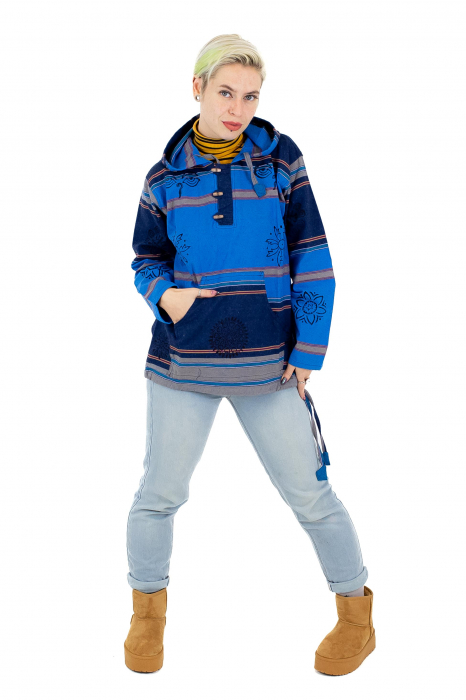 Hanorac unisex cu print si nasturi de lemn - Albastru Inchis [3]
