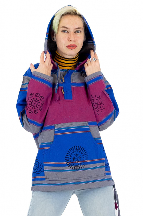 Hanorac unisex cu print si nasturi de lemn - Albastru Inchis [2]