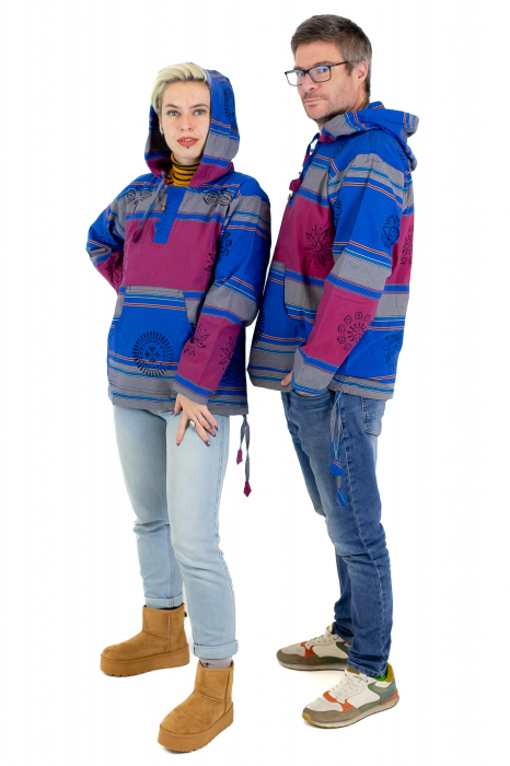 Hanorac unisex cu print si nasturi de lemn - Albastru Inchis [8]