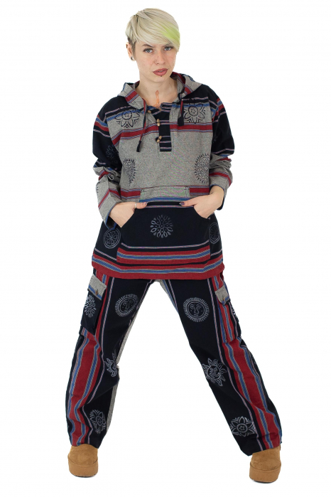 Hanorac unisex cu print si nasturi de lemn - Albastru Inchis [5]