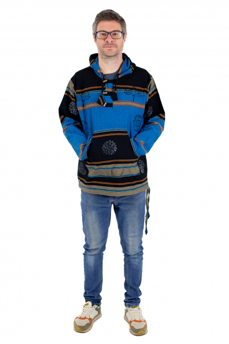 Hanorac unisex cu print si nasturi de lemn - Albastru Inchis [2]