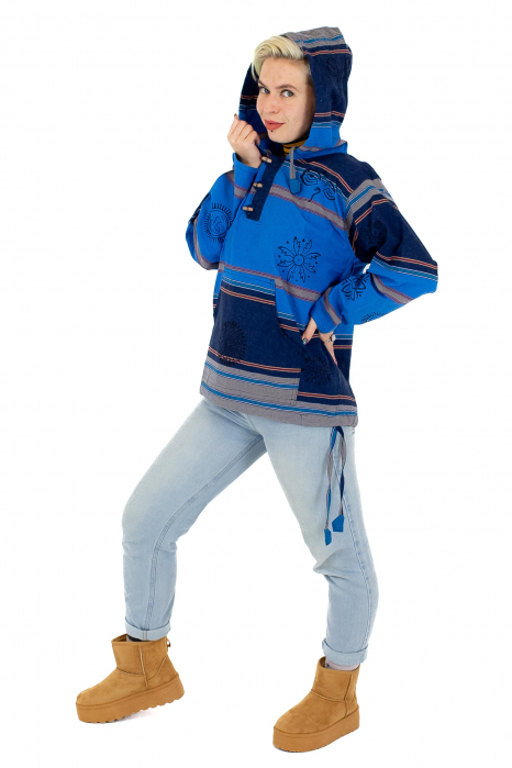 Hanorac unisex cu print si nasturi de lemn - Albastru Inchis [4]