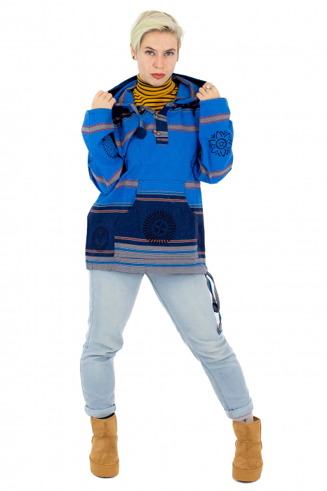 Hanorac unisex cu print si nasturi de lemn - Albastru Inchis [2]
