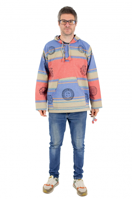 Hanorac unisex cu print si nasturi de lemn - Albastru Inchis [7]