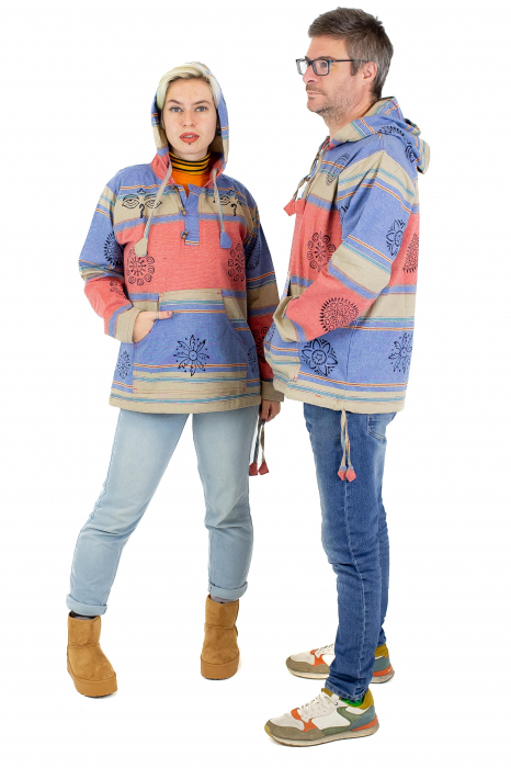 Hanorac unisex cu print si nasturi de lemn - Albastru Inchis [5]