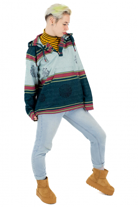 Hanorac unisex cu print si nasturi de lemn - Albastru Inchis [3]