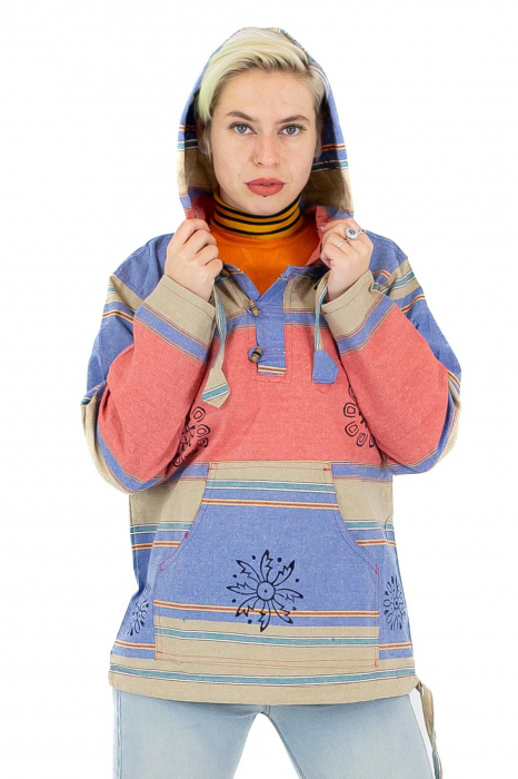 Hanorac unisex cu print si nasturi de lemn - Albastru Inchis [2]