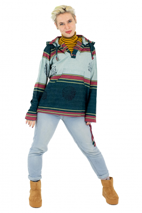 Hanorac unisex cu print si nasturi de lemn - Albastru Inchis [2]