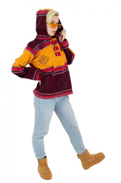 Hanorac unisex cu print si nasturi de lemn - Albastru Inchis [3]