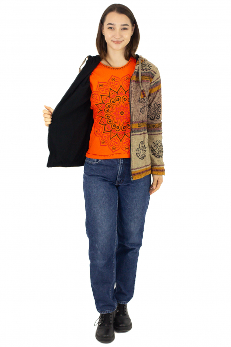 Hanorac unisex din bumbac și polar printat manual - Maro [3]
