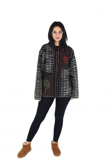 Jacheta din bumbac captusita din polar razor-cut si broderie - Negru [2]