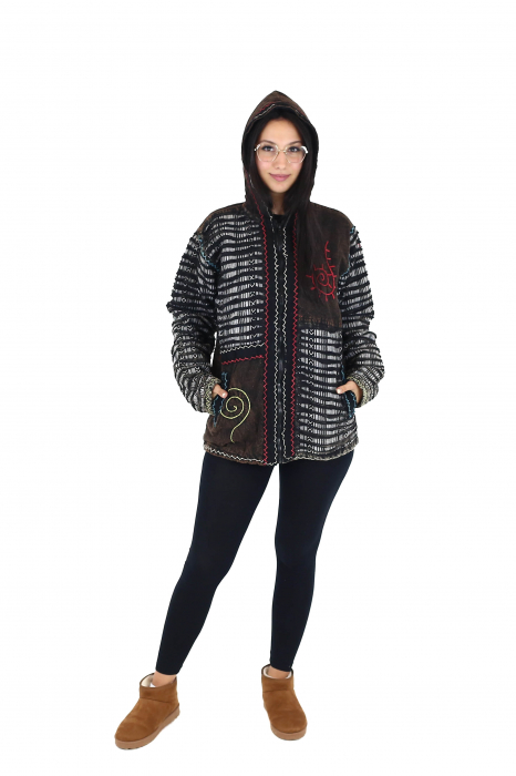 Jacheta din bumbac captusita din polar razor-cut si broderie - Negru [3]