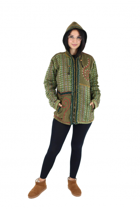 Jacheta din bumbac captusita din polar razor-cut si broderie - Verde [3]