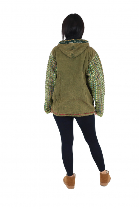 Jacheta din bumbac captusita din polar razor-cut si broderie - Verde [5]