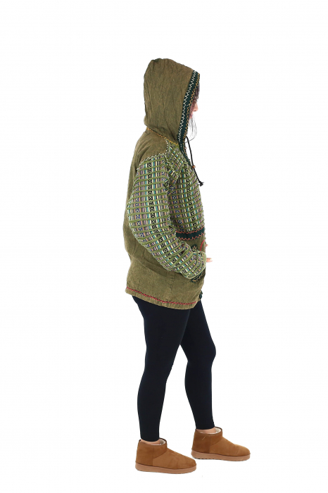 Jacheta din bumbac captusita din polar razor-cut si broderie - Verde [4]