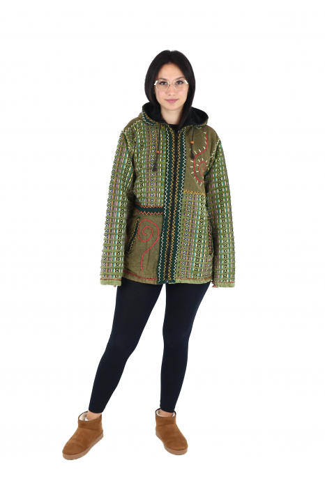 Jacheta din bumbac captusita din polar razor-cut si broderie - Verde [2]