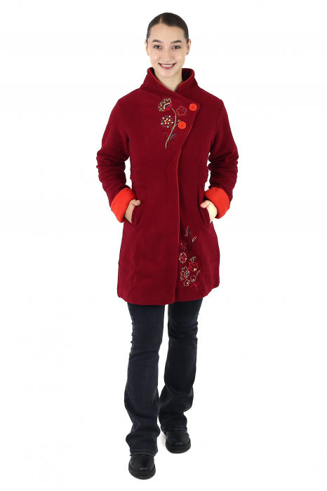 Jacheta din polar cu fermoar ascuns si nasturi voluminosi - Visiniu [2]